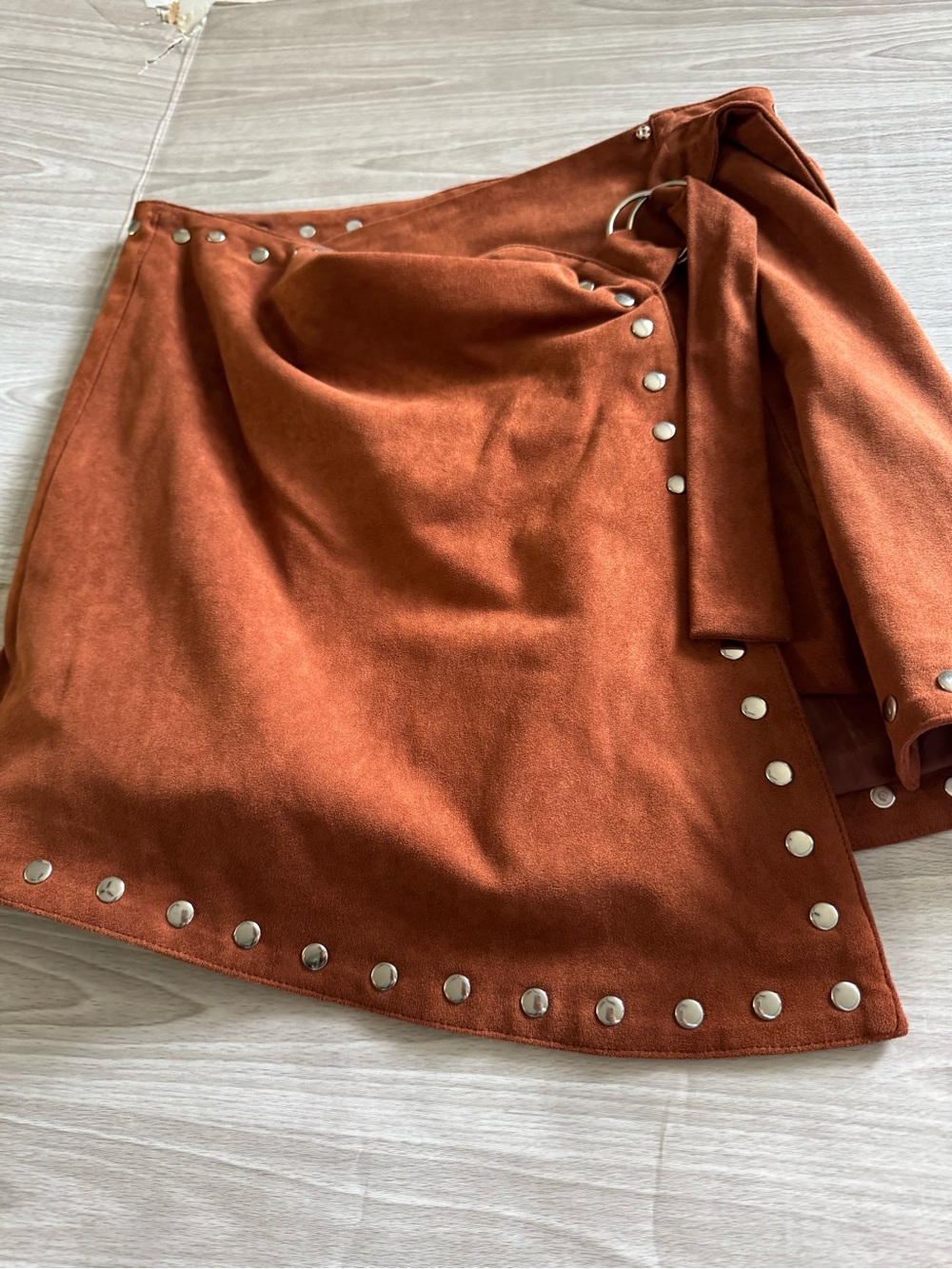 Lulu's Rust Suede-Look Mini Wrap Skirt with Stud Accents